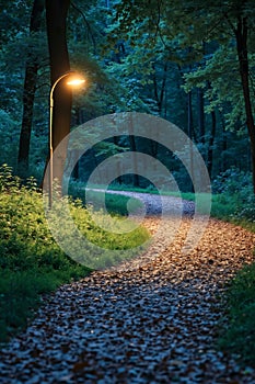 A path in the woods with a street light in the middle of it