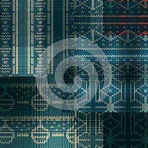 1The pattern features scribbled crosshatch patchwork squares in indigo off-white and green