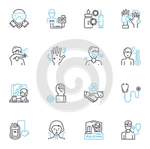 Pathogen control linear icons set. disinfectant, sanitation, sterilization, outbreak, bacteria, virus, contamination