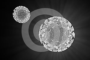 Pathogen respiratory coronavirus SARS-CoV-2 on dark background. Microscope virus close up. SARS pandemic risk concept