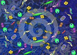 Pathogenic microflora in the intestine background. Dysbacteriosis. Dysbiosis. Killed good bacterium flora. Infographics