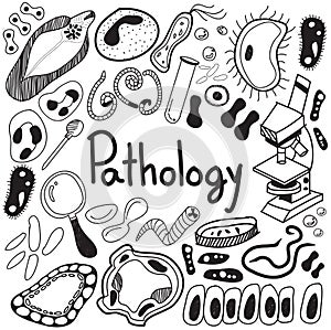 Pathology biology doodle handwriting icons of germ and pathogen photo