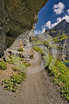 Paths and mountain trails from beautiful Oeschinensee, Kandersteg. Berner Oberland. Switzerland
