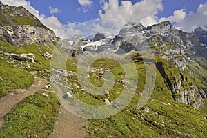 Paths and mountain trails from Oeschinensee, Kandersteg. Berner Oberland. Switzerland photo