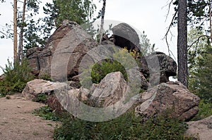 Pathway around large boulders in Stolby National Park