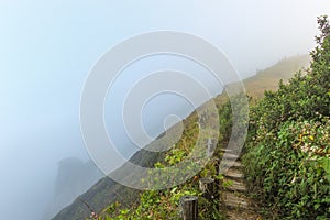 Pathway on flank of hill on mountains that covered by fog