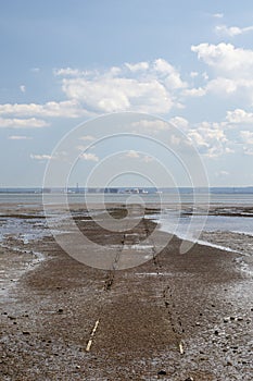 Pathway going out into the sea at Westlcliff, Essex, England, on a summer`s day