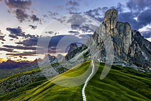A pathway leading into the mountain at Passo de Giau at the Dolomites in the Italian alps