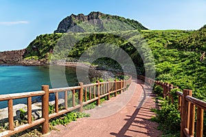 Pathway leading to beach with view over ocean and Ilchulbong, Seongsan, Jeju Island, South Korea