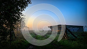 Pathway in the middle of the grassy field with a wooden building in the distance