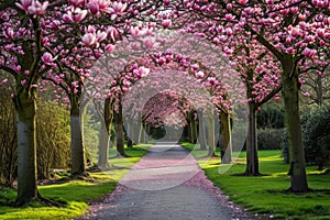 A pathway in the middle of a park is beautifully lined with vibrant pink flowers, creating a stunning visual display, Blooming