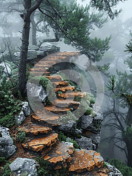 A pathway through a mystical foggy forest