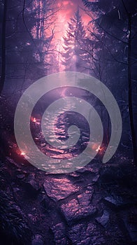 A pathway through a mystical foggy forest