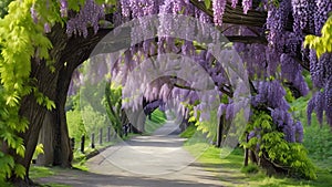 A pathway in a park is beautifully adorned with vibrant purple wisteria flowers, A tree corridor draped in purple wisteria in a