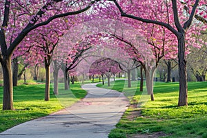 A pathway in a park lined with pink trees leads through a scenic landscape, A spring harmony of blossoming redbud trees lining a