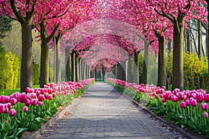 A pathway stretches ahead, bordered by numerous pink flowers in full bloom, Blooming tulip tree alley in a picturesque park, AI
