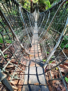 The pathway on the suspension bridge in the forest with sunshine and the shadow of the bridge railings.