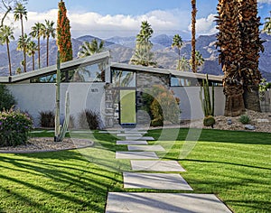 Pathway to Modern Home with Sloped Roofline in Palm Springs