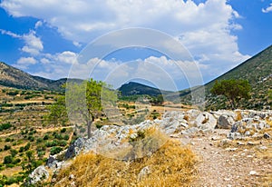 Pathway to mountains in Mycenae, Greece
