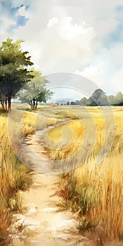 Pathway To Wheat Fields: A Digital Painting With Detailed Environments