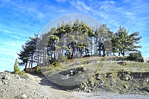 Pathway and trees on the top of the hill under a blue cloudy sky