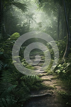 Pathway in tropical rainforest with ferns and ferns, Generative AI