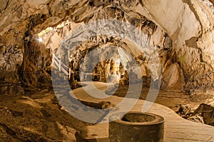 pathway underground cave in Laos, with stalagmites