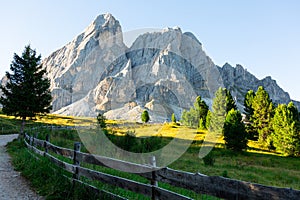 Pathway with wooden railings in alpine meadow leading to Munt de Fornella in Dolomites photo