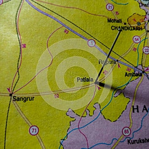 patiala city name displayed on geographic map in India
