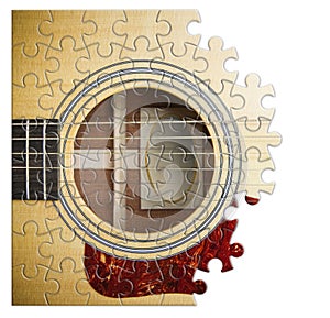 Patience and passion to learn to play the guitar step by step - concept image in puzzle shape