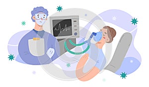 Patient on alv with doctor, vector characters, woman on artificial lung ventilation in intensive care unit, infected by photo