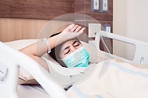 Patient asian woman having a headache or migraine severe in hospital,Dengue fever