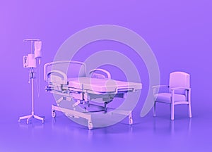 Patient bed, Iv and visitor chair, Medical equipment in flat monochrome purple hospital room, 3d rendering