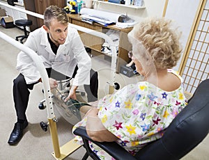 Patient being fitted with a prosthetic leg