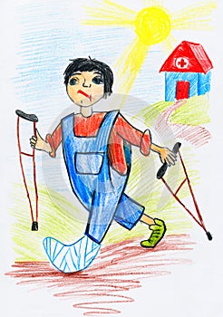 Patient with a broken leg is out of the hospital with crutches, ambulance concept - child drawing picture on paper