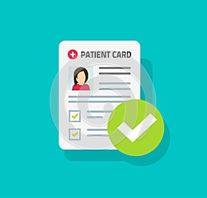 Patient card or medical form list with results data and approved check mark vector illustration, flat cartoon clinical