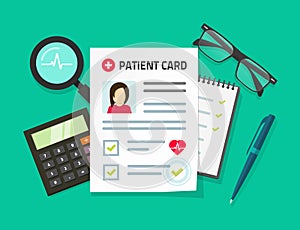 Patient card vector illustration, flat cartoon medical records document and patient data