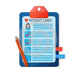 Patient card vector illustration, flat cartoon medical records document with patient data or information on table