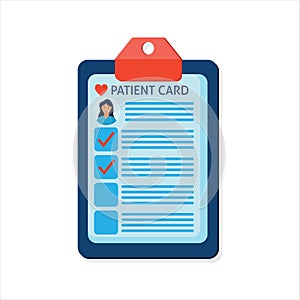 Patient card vector illustration, flat cartoon medical records document with patient data or information on table top