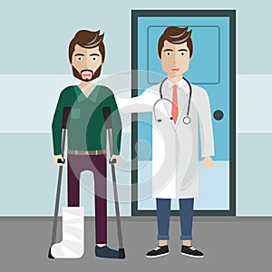 Patient care concept. Doctor and healed patient standing in front of hospital. Flat