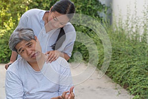 The patient is Cerebrovascular accident or stroke Caused by hypertension and obesity, sitting in wheelchair him mouse is facial pa