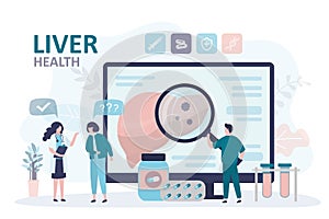 Patient consults with doctor about pain in internal organ. Specialist with magnifying glass examines diseased liver on screen