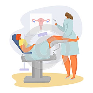 Patient on doctor appointment vector illustration, cartoon flat gynecologist examining woman in obstetrician cabinet