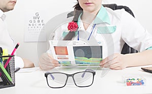 The patient is a doctor with an ophthalmologist who is watching an eye examination using modern technology. Fundus and