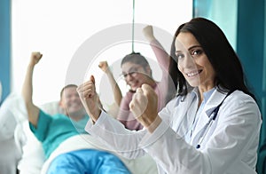 Patient doctor raised their hands ejoice recovery