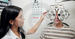 Patient, eye test and doctor with machine in hospital, medical facility and clinic for results. Expert, optometrist and