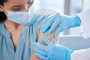 Patient, face mask and doctor hands for injection of virus cure for vaccination, pandemic or immunity. Person, arm and