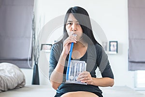 Patient female using incentivespirometer or three balls for stimulate lung