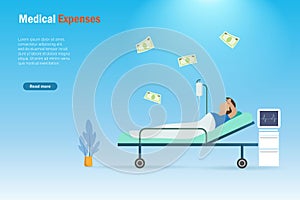 Patient in hospital bed with flying money, feeling worry with medical expenses. Idea for health insurance and financial investment