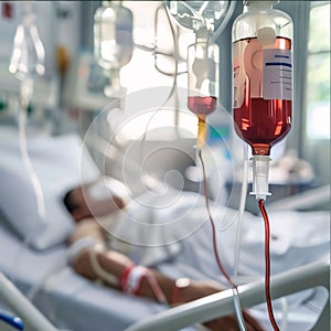 Patient in hospital bed with saline intravenous (IV) drip
